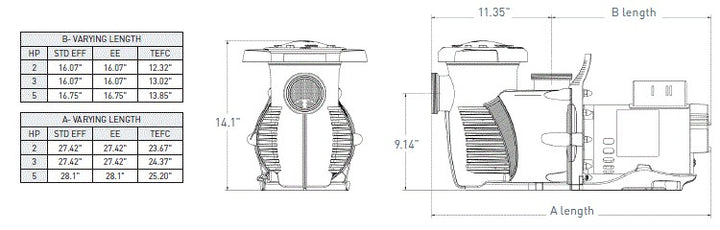 Pentair WhisperFlo XF High Performance Pool Pump dimensions